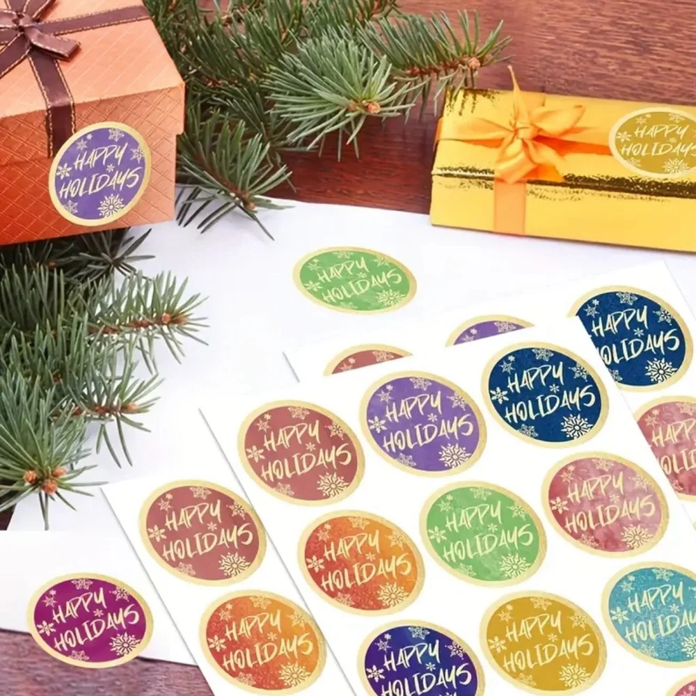 Festive Holiday Sticker Set 60 Multicolor 2 Inch Round Happy Holidays Snowflakes